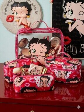 Betty Boop 4-Piece Makeup Bag Set - Clear Travel Case & 3 Pouches NWT